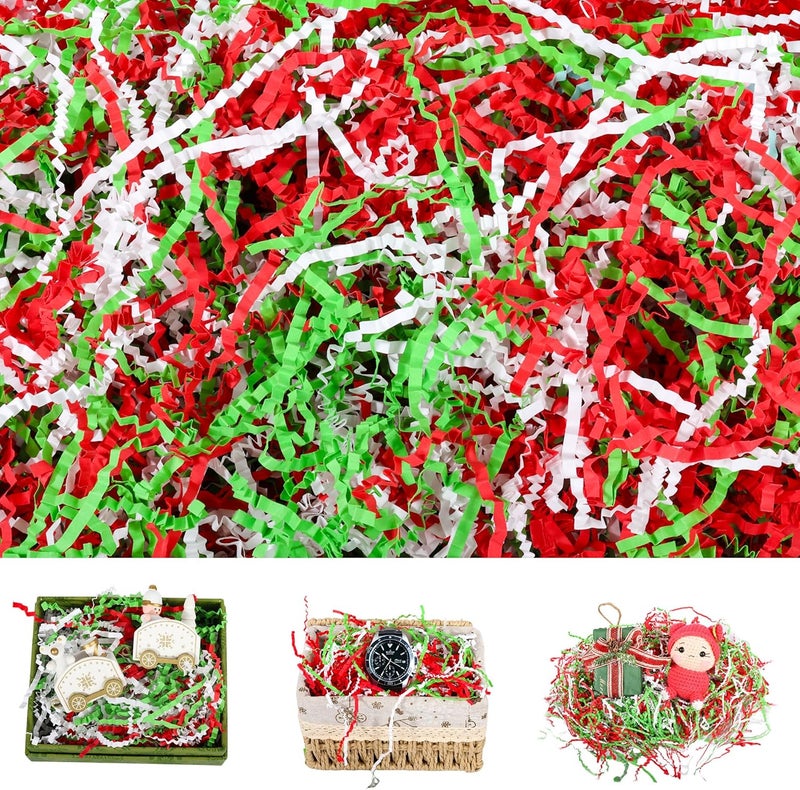 QOIUSO 8oz Christmas Crinkle Paper Filler — 1/2LB Red, Green & White Shredded Raffia/Crinkle Cut Paper for Gift Baskets, Boxes, Bags & Holiday Packaging — Fluffable Reusable Basket & Box Filler - Image 1